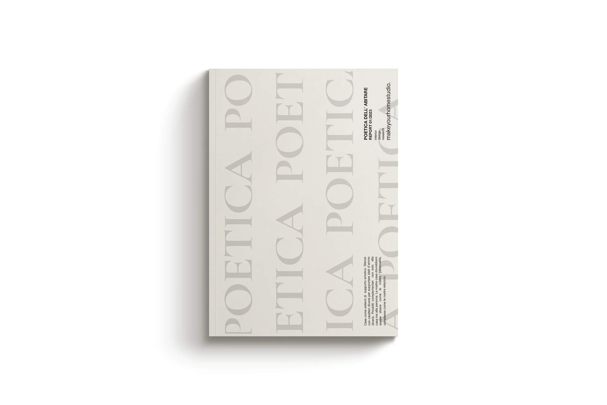 Libro bianco con copertina chiara, grande scritta ripetuta 'POETICA' in grigio chiaro.