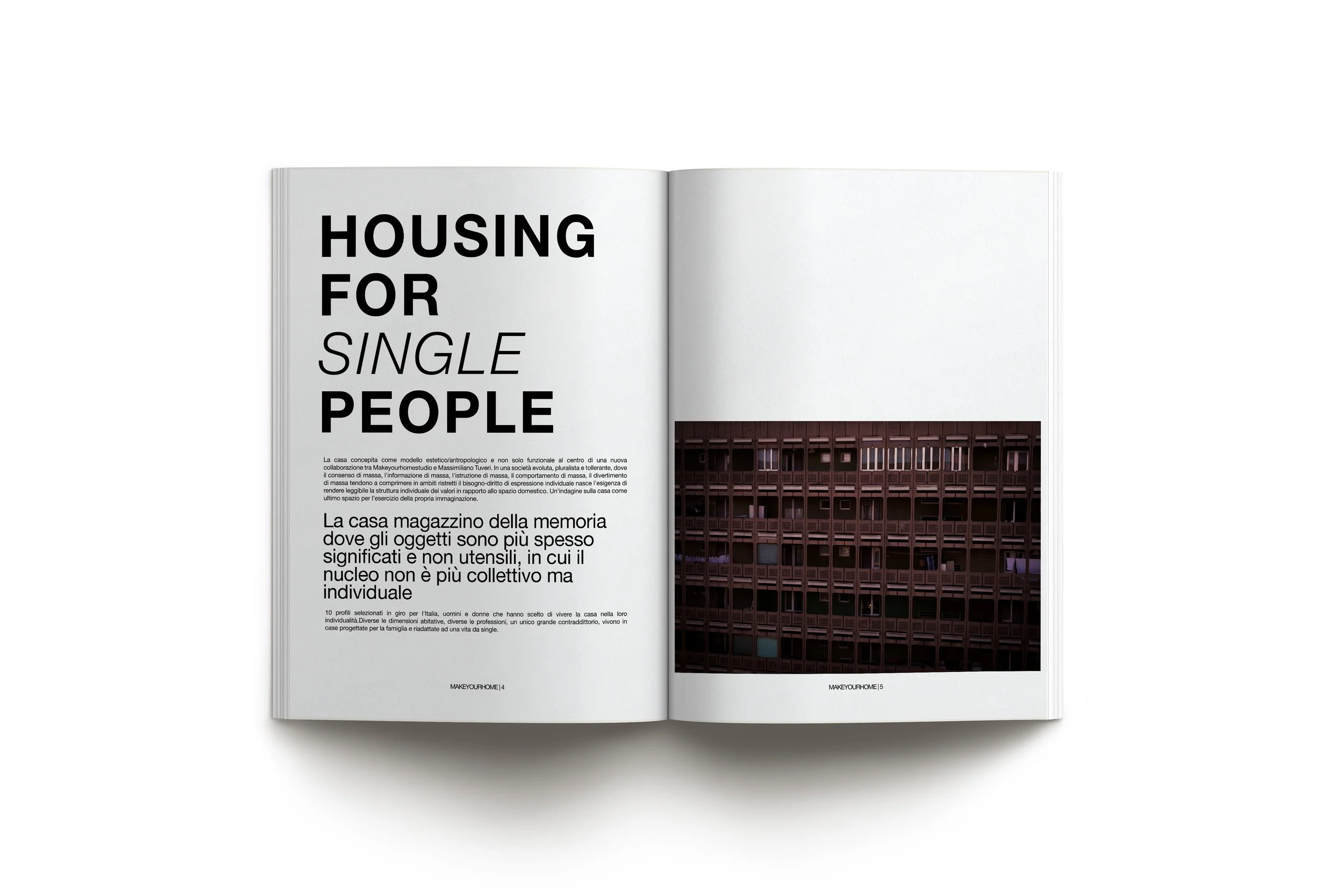 libro aperto con testo sulla sinistra e immagine di un edificio con molte finestre sul lato destro