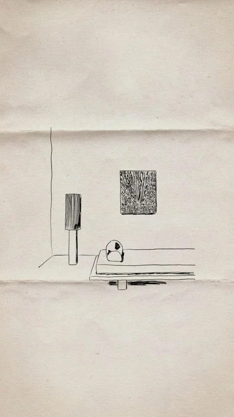 Disegno minimalista di una stanza con un quadro, una sedia, e una lampada a parete.
