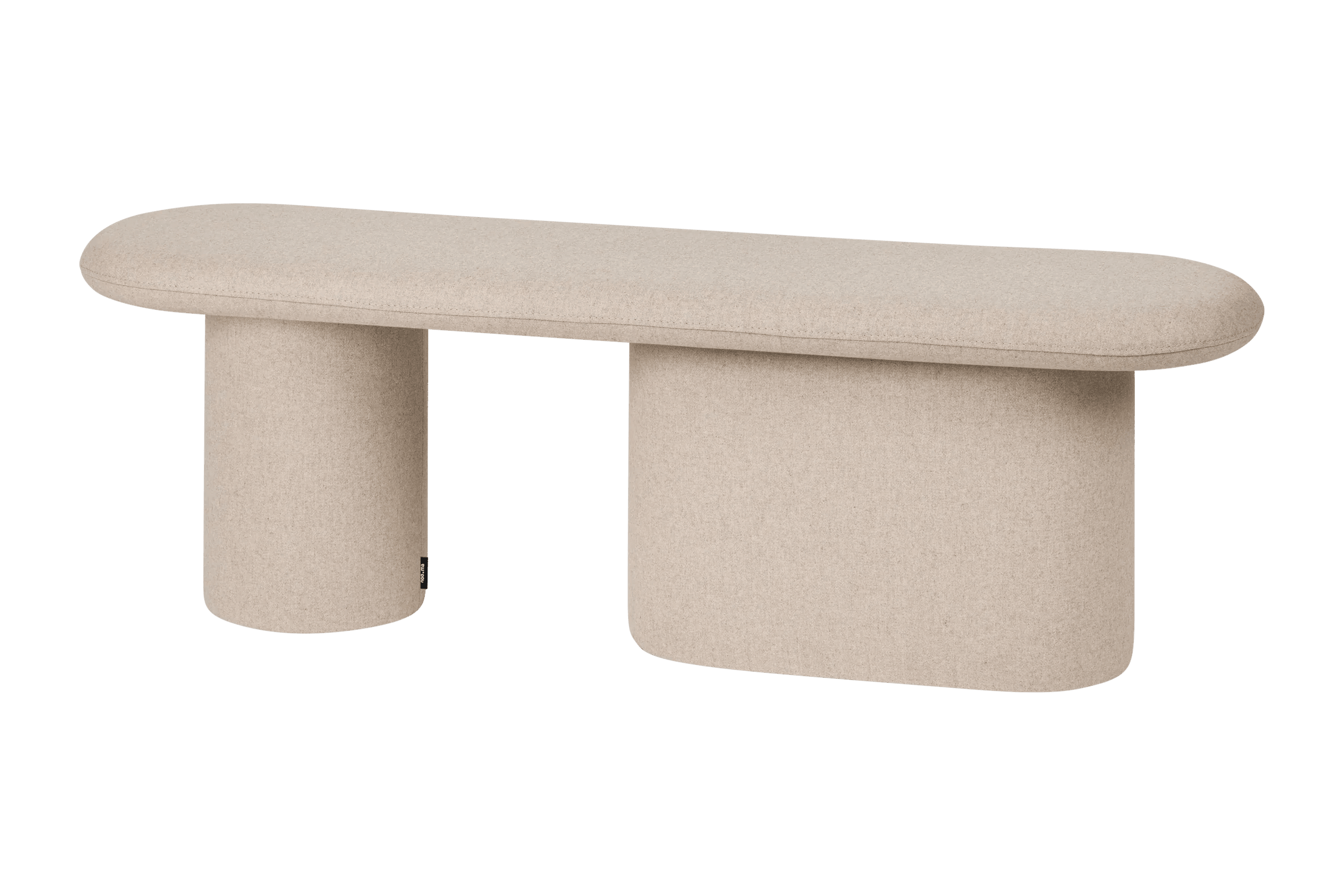 Tavolo rettangolare in tessuto beige con gambe arrotondate, stile moderno e minimalista.