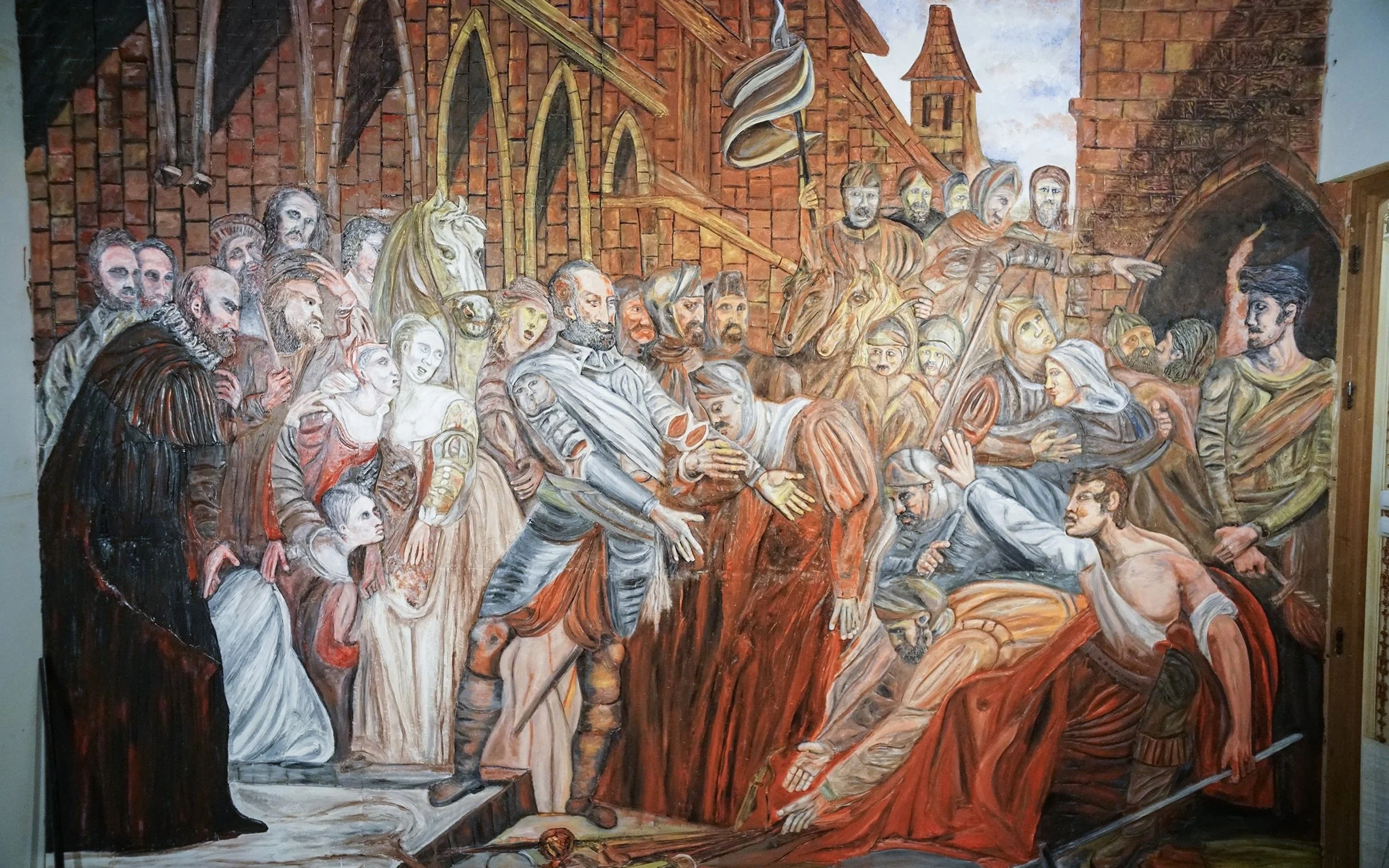 Peinture représentant une scène de rejet avec plusieurs figures humaines en robes colorées, des personnes en pleurs, un homme en arme, dans un décor de mur en briques et une architecture médiévale.