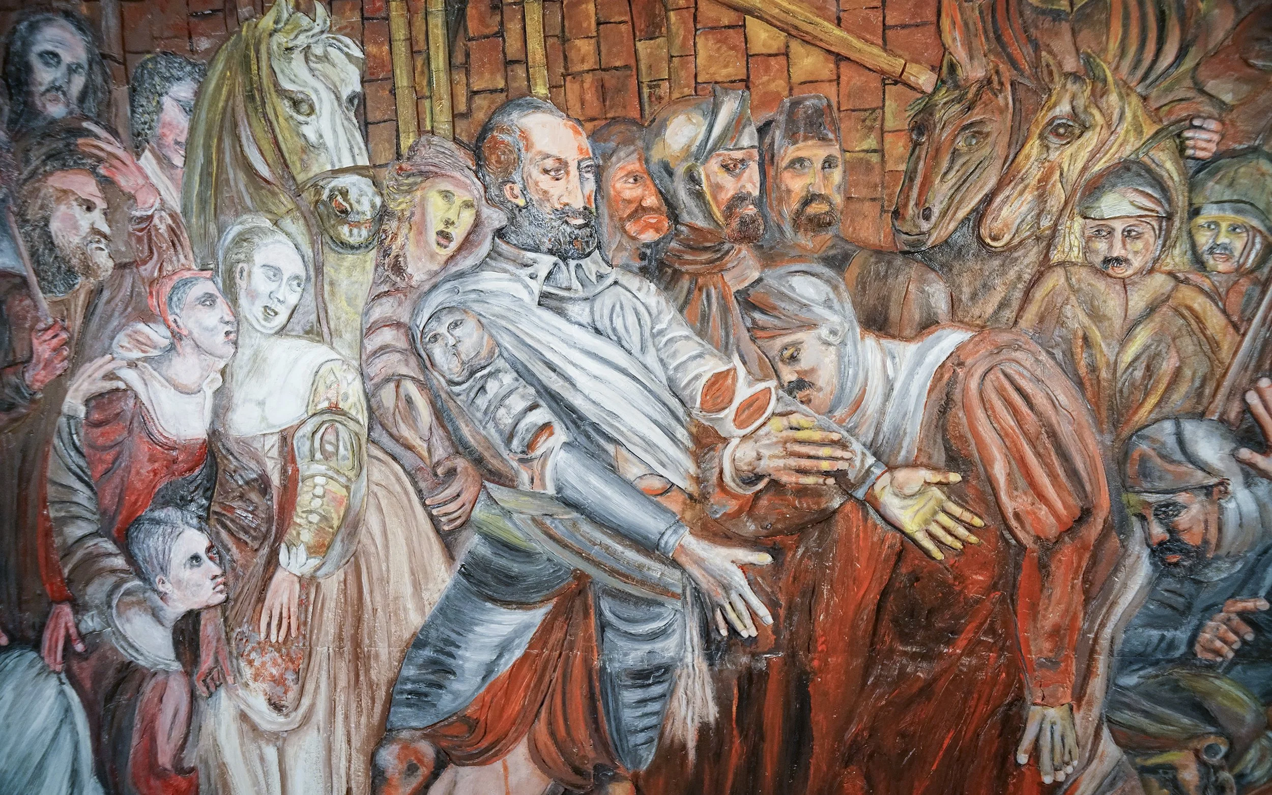 Peinture représentant la cène avec Jésus et ses disciples, utilisant des couleurs chaudes et un style expressif.