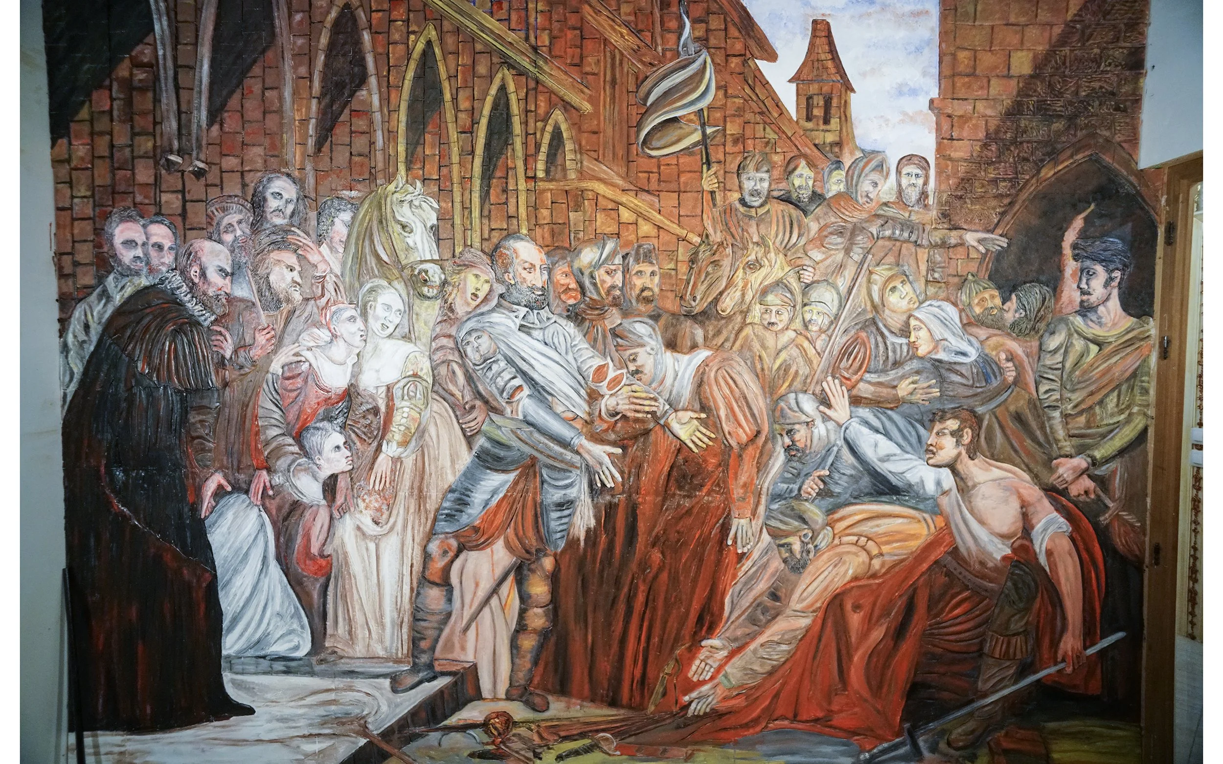 Peinture représentant le jugement dernier avec de nombreux personnages, un ange en haut, une ville en arrière-plan, et des figures religieuses et mythologiques en action.
