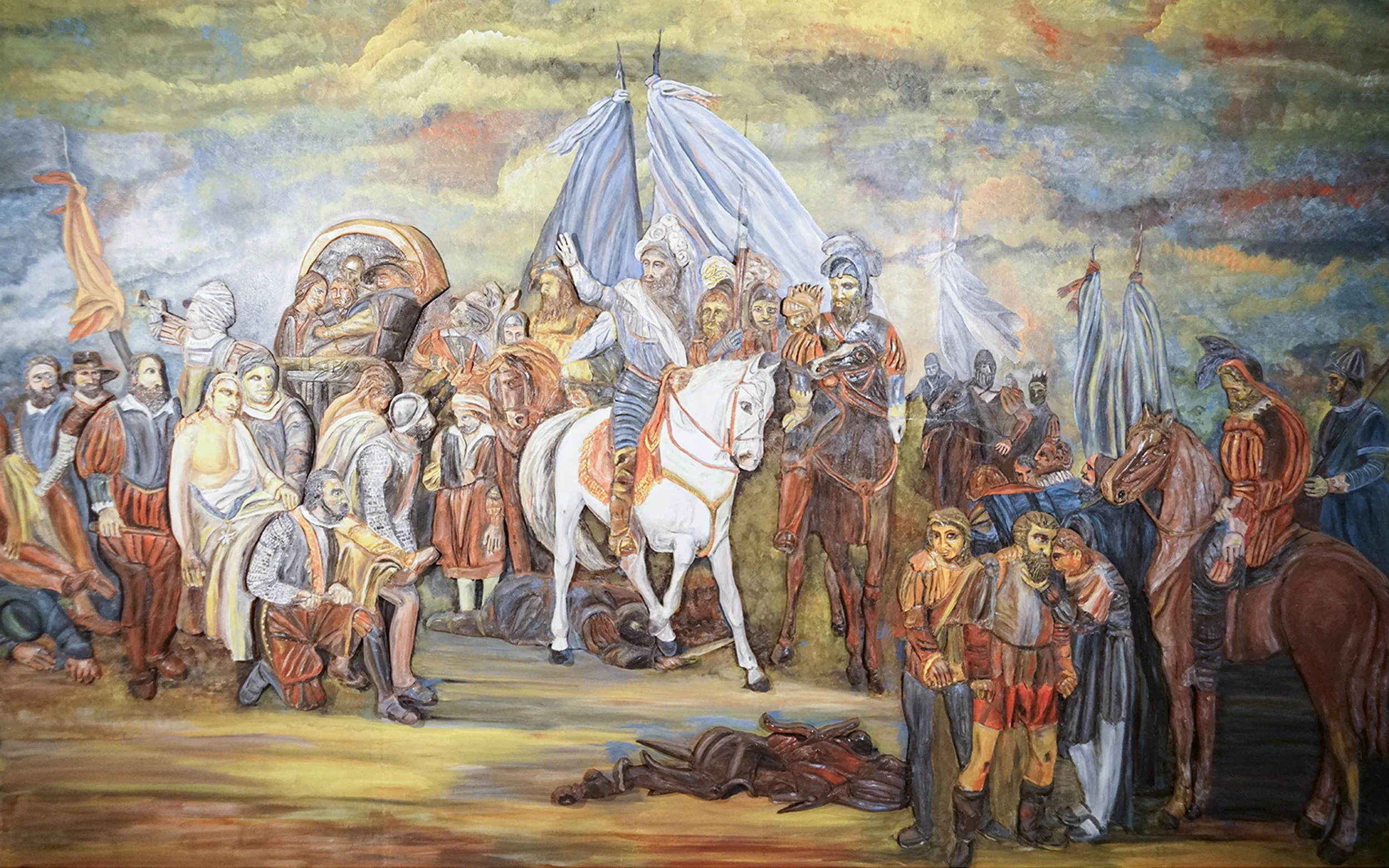 Une peinture représentant une scène historique avec de nombreux personnages en tenue ancienne, certains à cheval, dans un ciel nuageux.