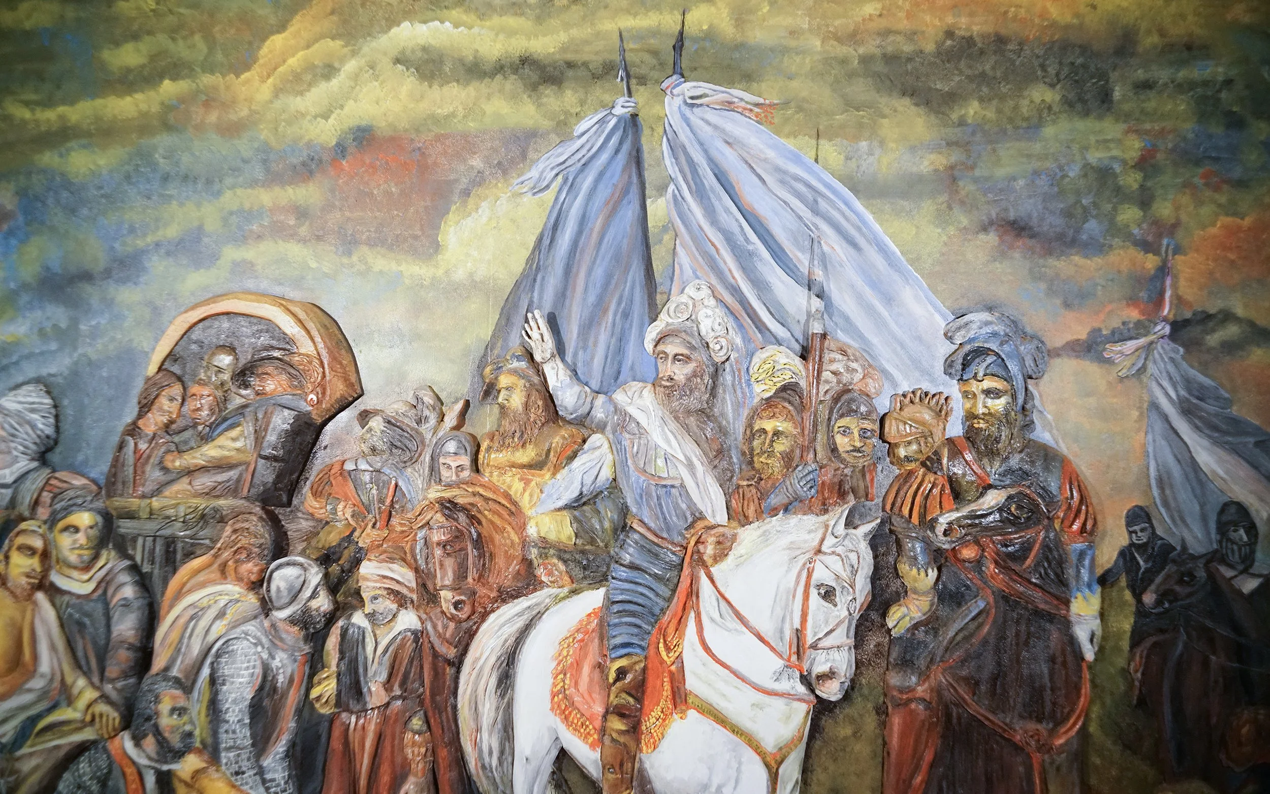 Peinture représentant une scène historique avec un homme à cheval au centre, entouré d'un groupe de personnes, certains en armor, sous un ciel orageux.