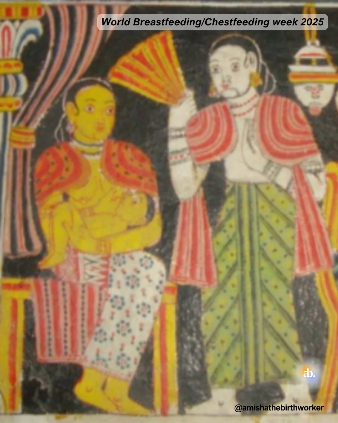 I stumbled across these beautiful murals depicting breastfeeding in &quot;Facets of Motherhood Visualized in Sri Lankan Temple Murals&quot; by Dulma Karunarathn. In the first image, Queen Culla-dar-mapāla is depicted breastfeeding and in the second i