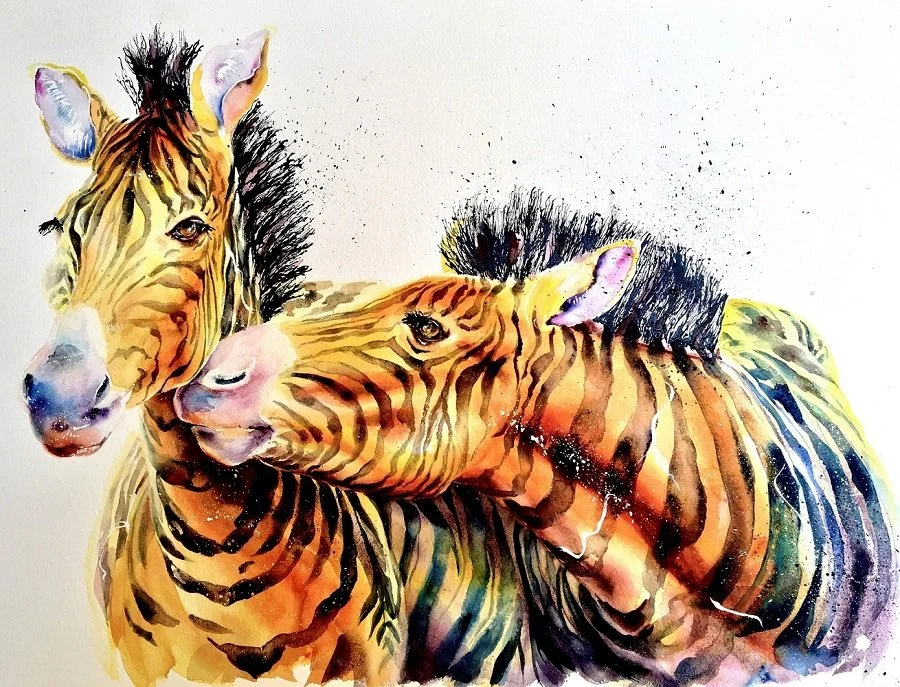 Watercolor painting of two zebras with striped patterns and colorful accents.