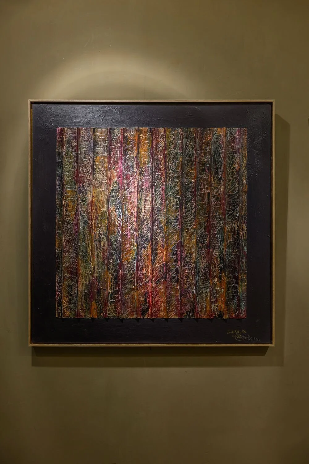 Multicoloured relief of vertical textured bands on a black ground, by Michel Mullèr