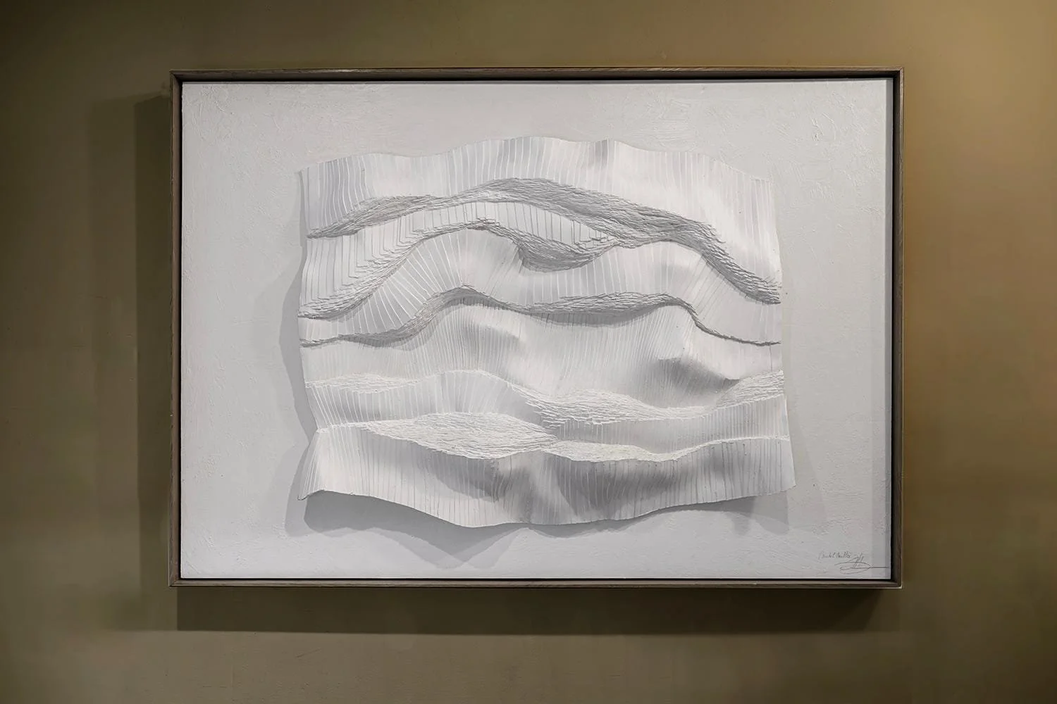 White relief with layered horizontal waves in a grey oak frame, by Michel Mullèr