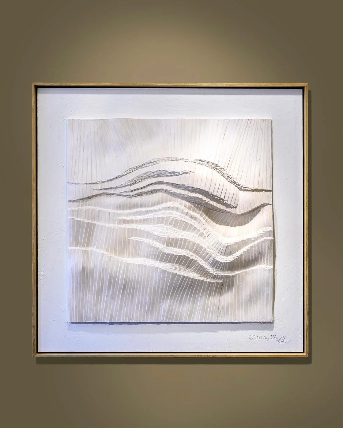 White square relief with soft wave-like ridges in an oak frame, by Michel Mullèr