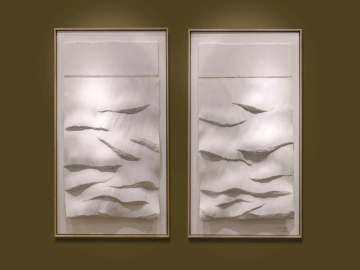 Pair of tall white reliefs with carved horizontal waves in oak frames, by Michel Mullèr