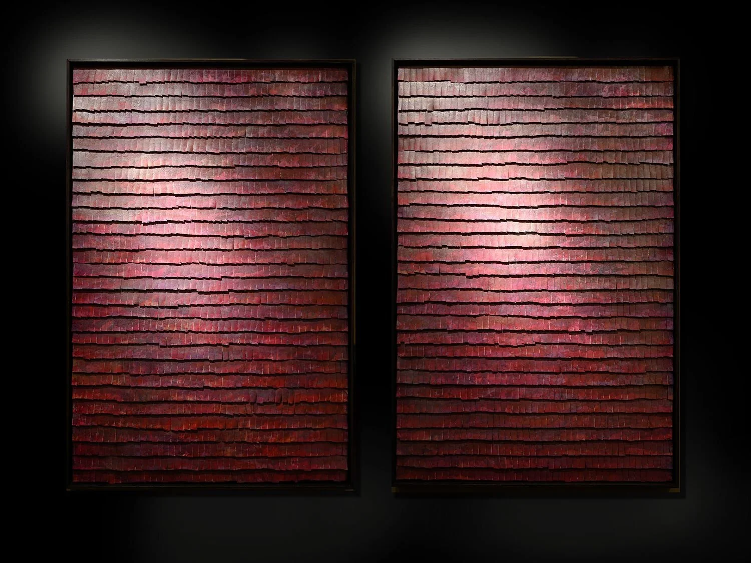 Red textured diptych with layered horizontal rows, two panels by Michel Mullèr
