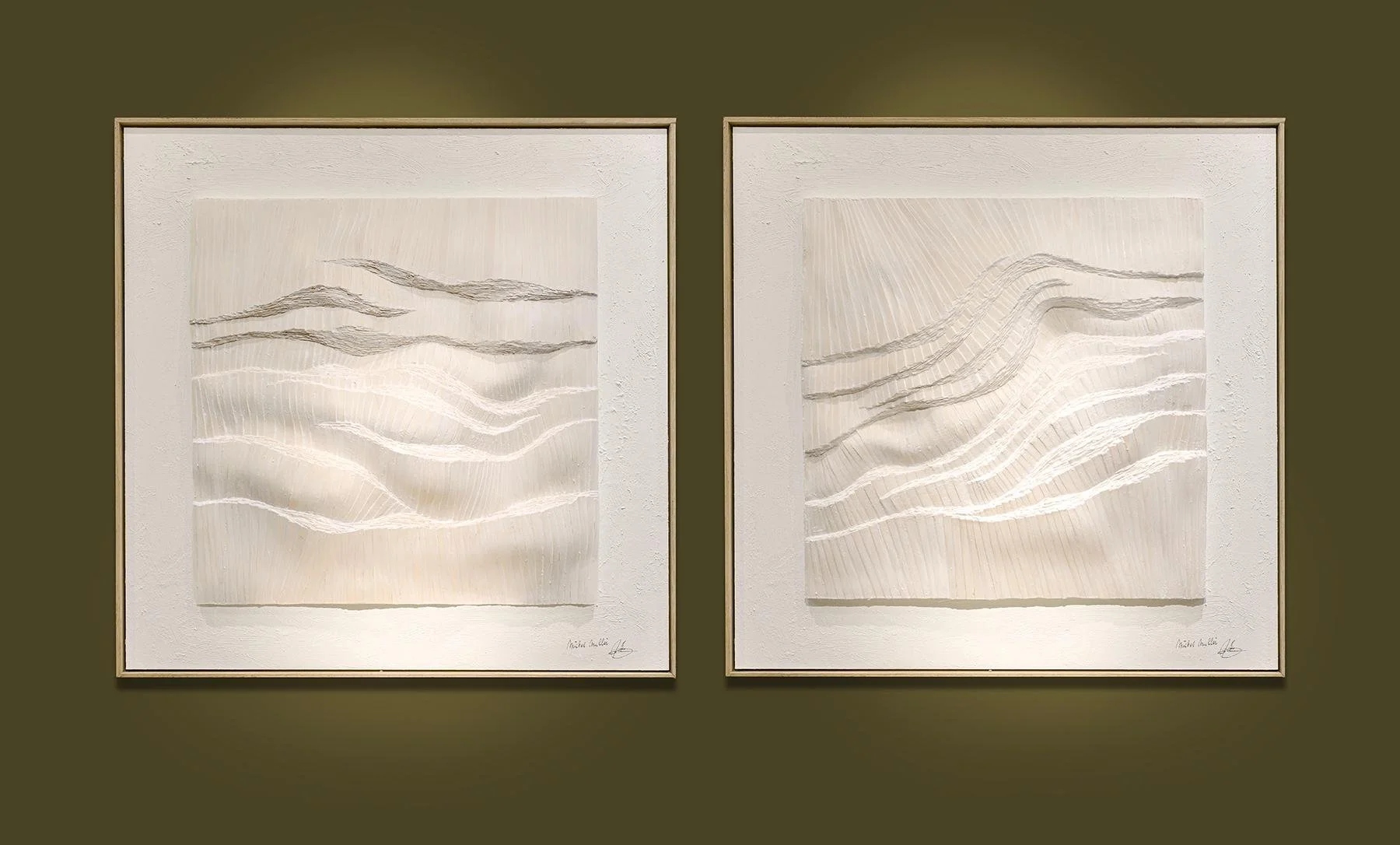 Pair of square white reliefs with flowing wave lines in oak frames, by Michel Mullèr