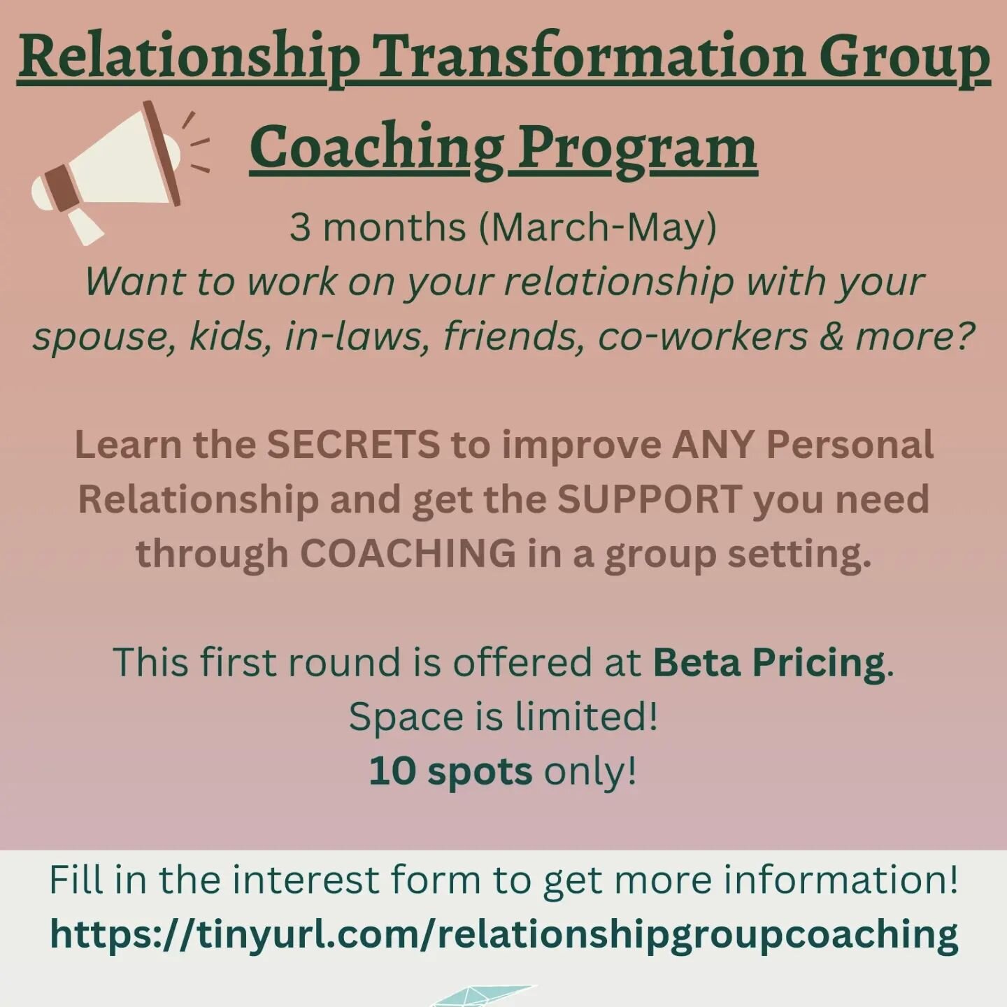 📢Announcing a new phase in coaching with me!

🔜A 3-Month *Relationship Transformation Group Coaching Program* is happening soon!🤩

🤔Do you feel unfulfilled with a specific relationship in your life? You know it can get better but everytime you tr