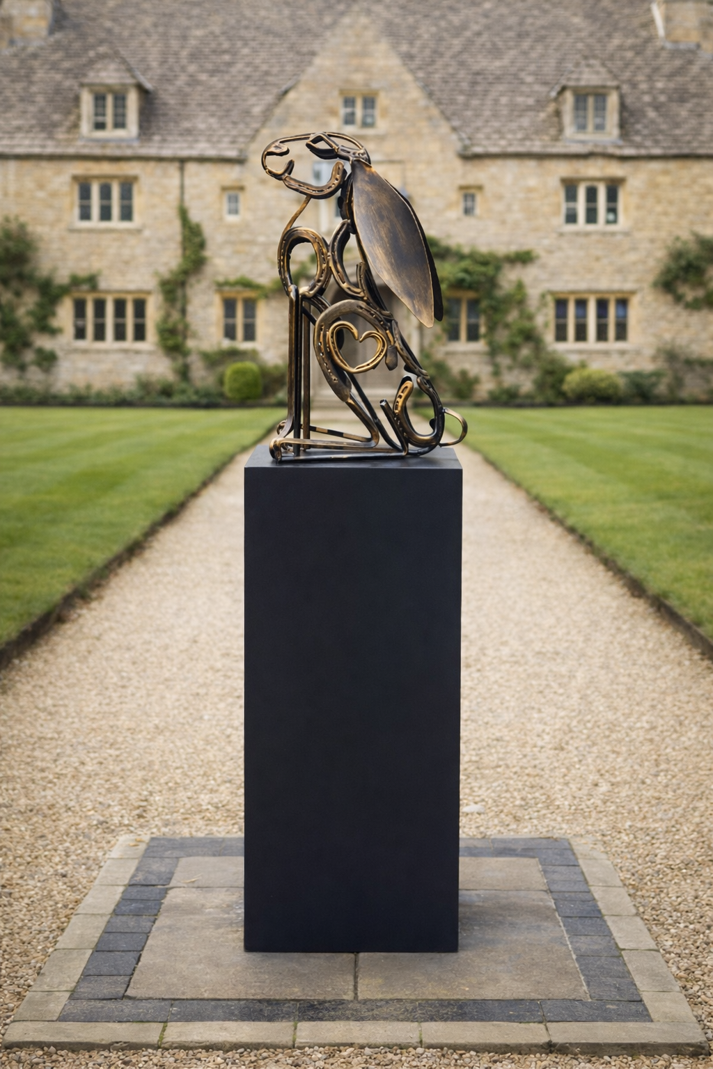 A metal sculpture of a sitting dog with a ladybug on its back, placed on a black pedestal outside a stone house with a lawn and garden.