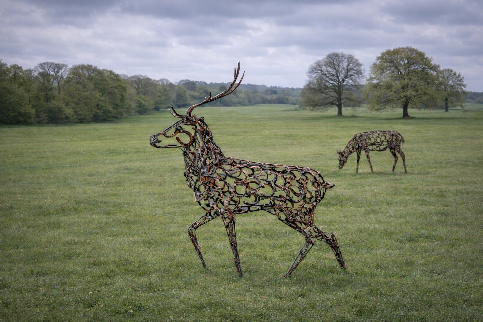Metal sculptures of a stag and a grazing deer in a grassy field with trees in the background under a cloudy sky.