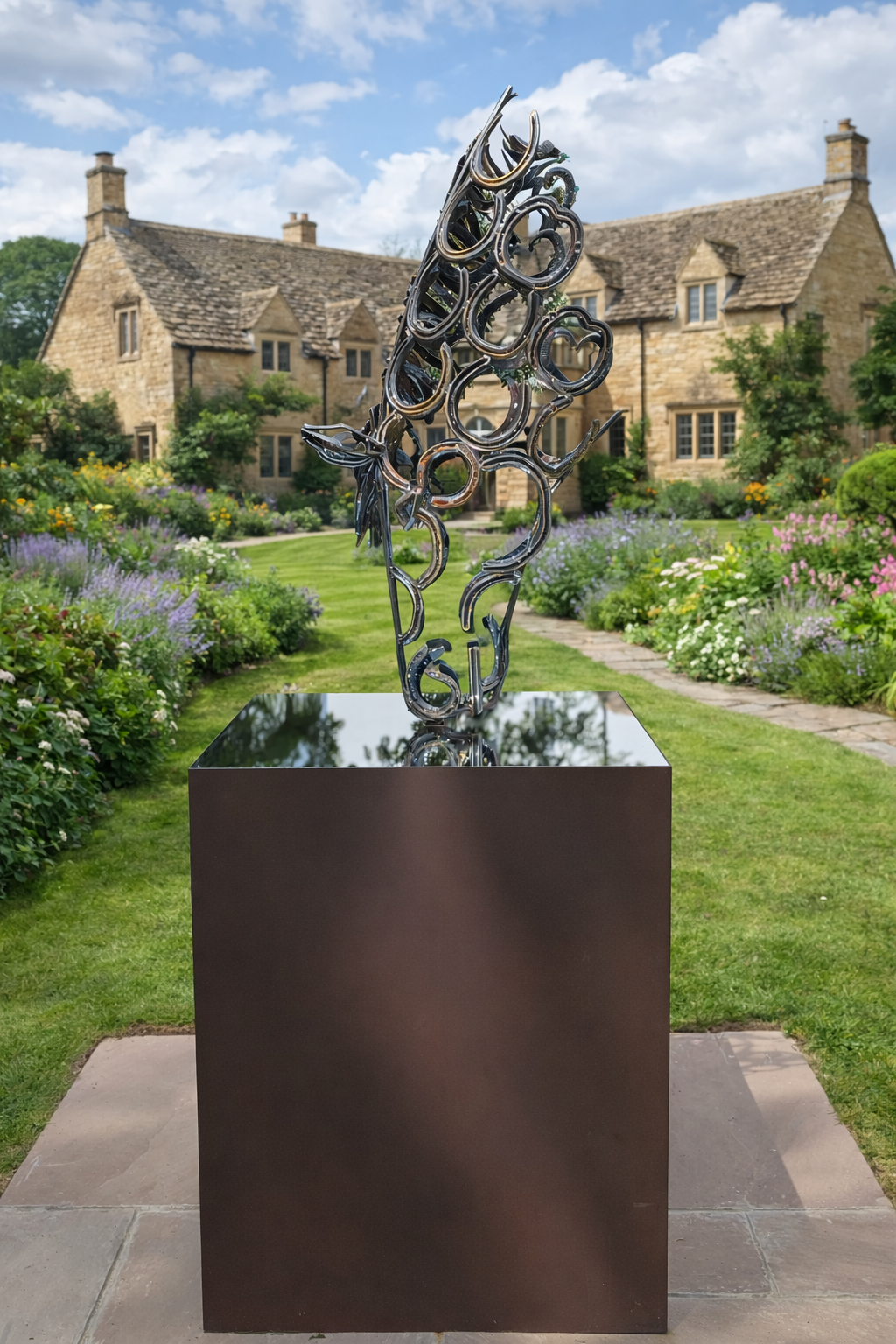 Modern abstract metal sculpture on black pedestal in a garden with colorful flowers and a stone house in the background.