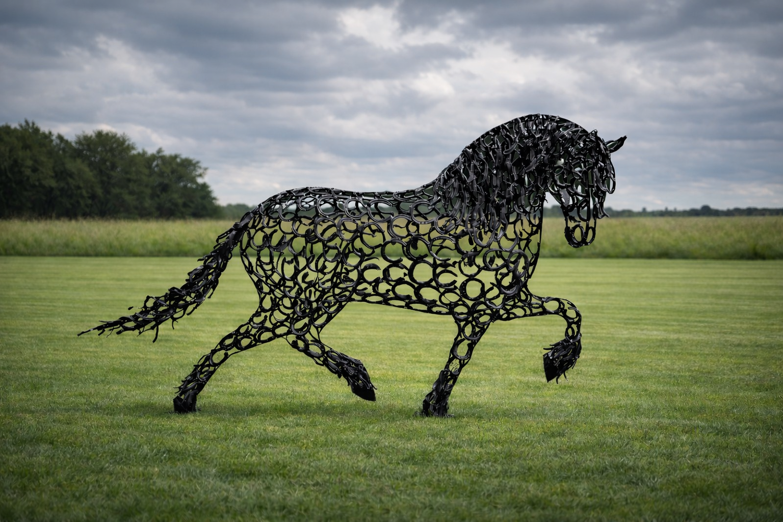 A large metal sculpture of a running horse on a grassy field with trees in the background and cloudy sky above.