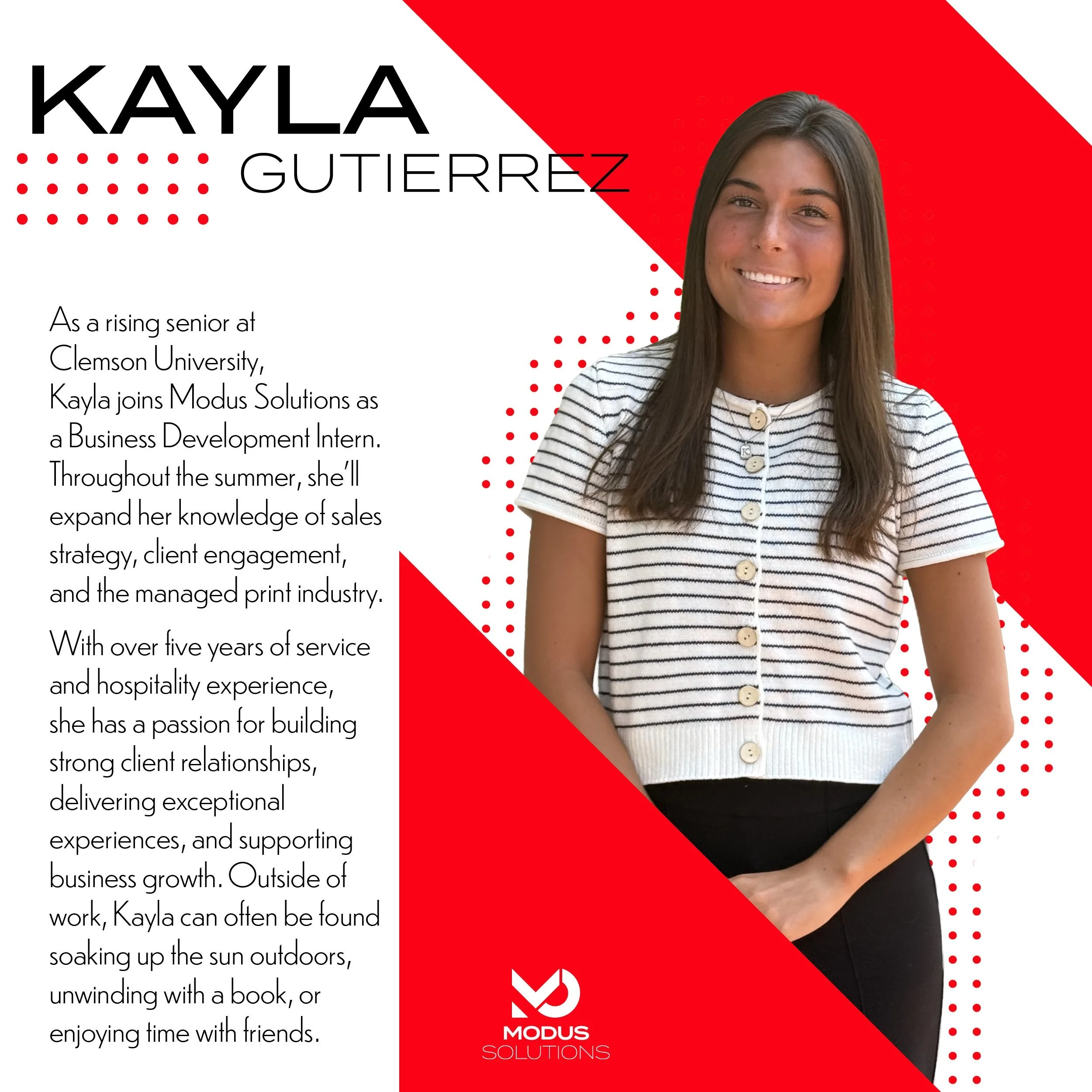 It&rsquo;s been an absolute pleasure having @kayla.gutierrez27 join our team this summer for her business development internship. Kayla is sharp, diligent, a quick learner, and the ultimate people-person. She&rsquo;ll return to Clemson University thi