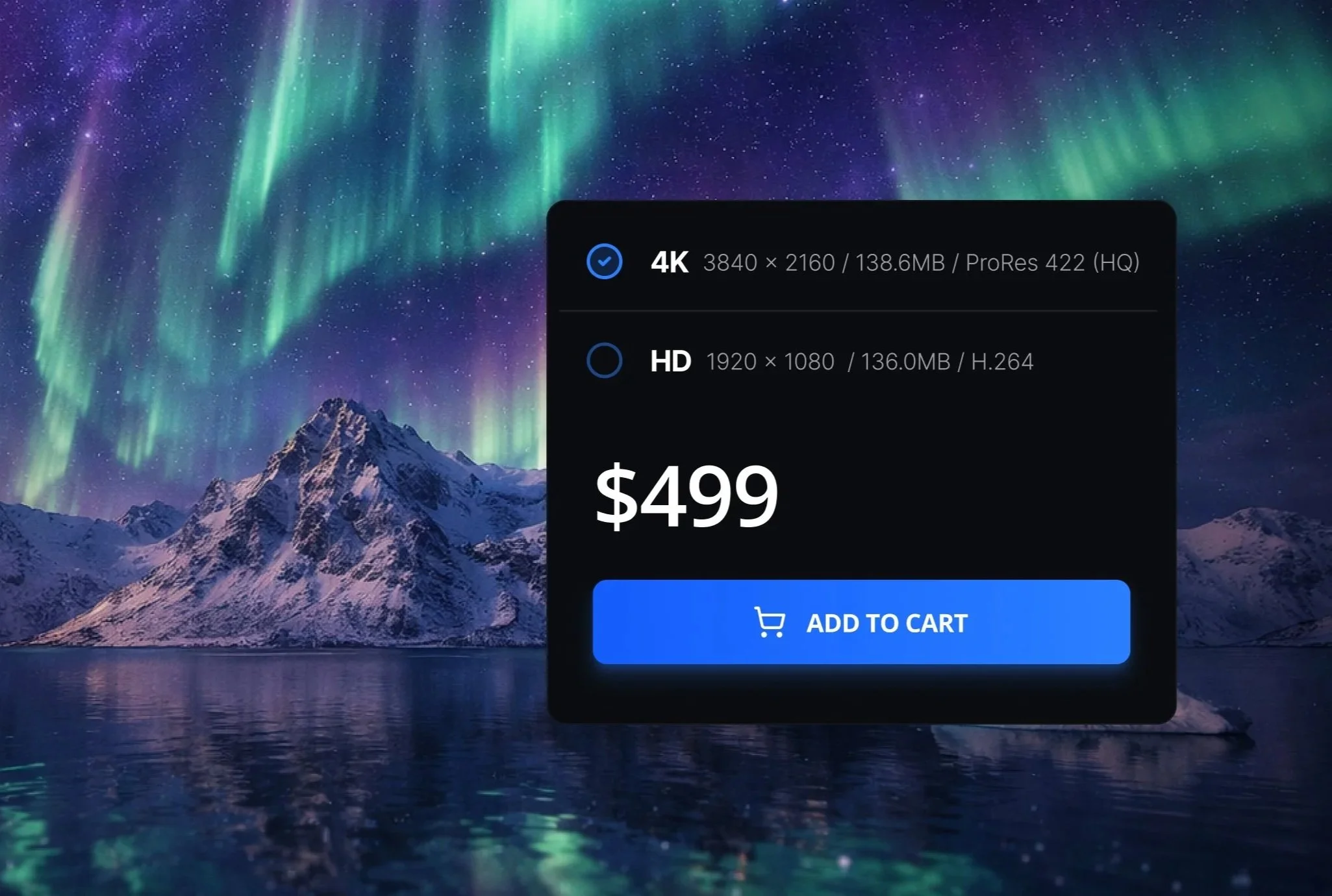 A digital overlay shows options for purchasing a camera, with a scenic background of snow-covered mountains under a night sky with colorful northern lights. The overlay displays prices and resolution options: 4K for $499 and HD for a lower price. There is a blue 'Add to Cart' button.