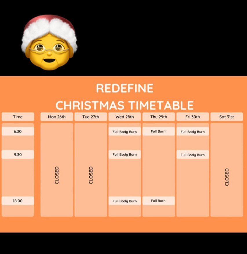🎄REDEFINE CHRISTMAS TIMETABLE 🎄

Don&rsquo;t forget your BLACK FRIDAY PASSES ladies!

Purchase at www.redefine.app

#redefinefemalegym
#femalegymsheffield
#femalegymrotherham
#femalegymchesterfield
#femalecircuittraining
#nutritionformenopause 
#fe