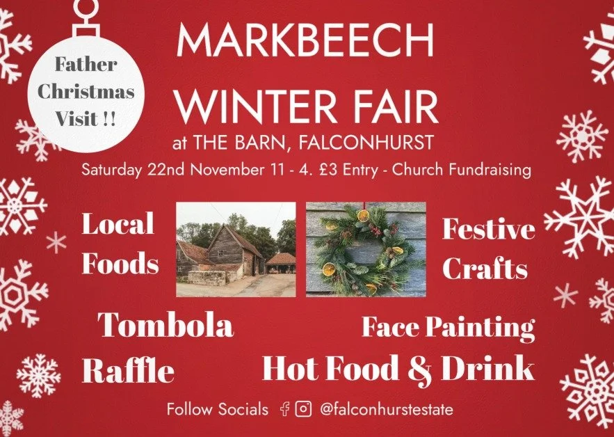 Pumpkin season is over!  We can swiftly move on now to the most exciting wintery things happening at Falconhurst.  First up is the wonderful Markbeech Winter Fair held in The Barn.  So save the date - Saturday 22nd November, 11-4 and look forward to 