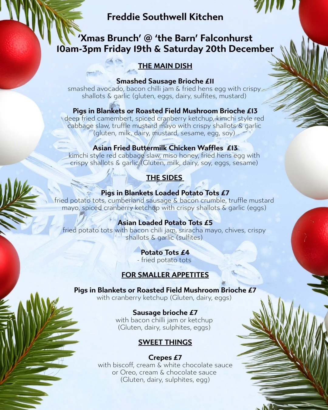 Friday 19th &amp; Saturday 20th December @freddiesouthwellcatering is serving his Asian inspired festive brunch menu.

Come and have a seat in The Barn by the log burner or settle into the calf stalls to enjoy a delicious brunch.

Then pop in to the 