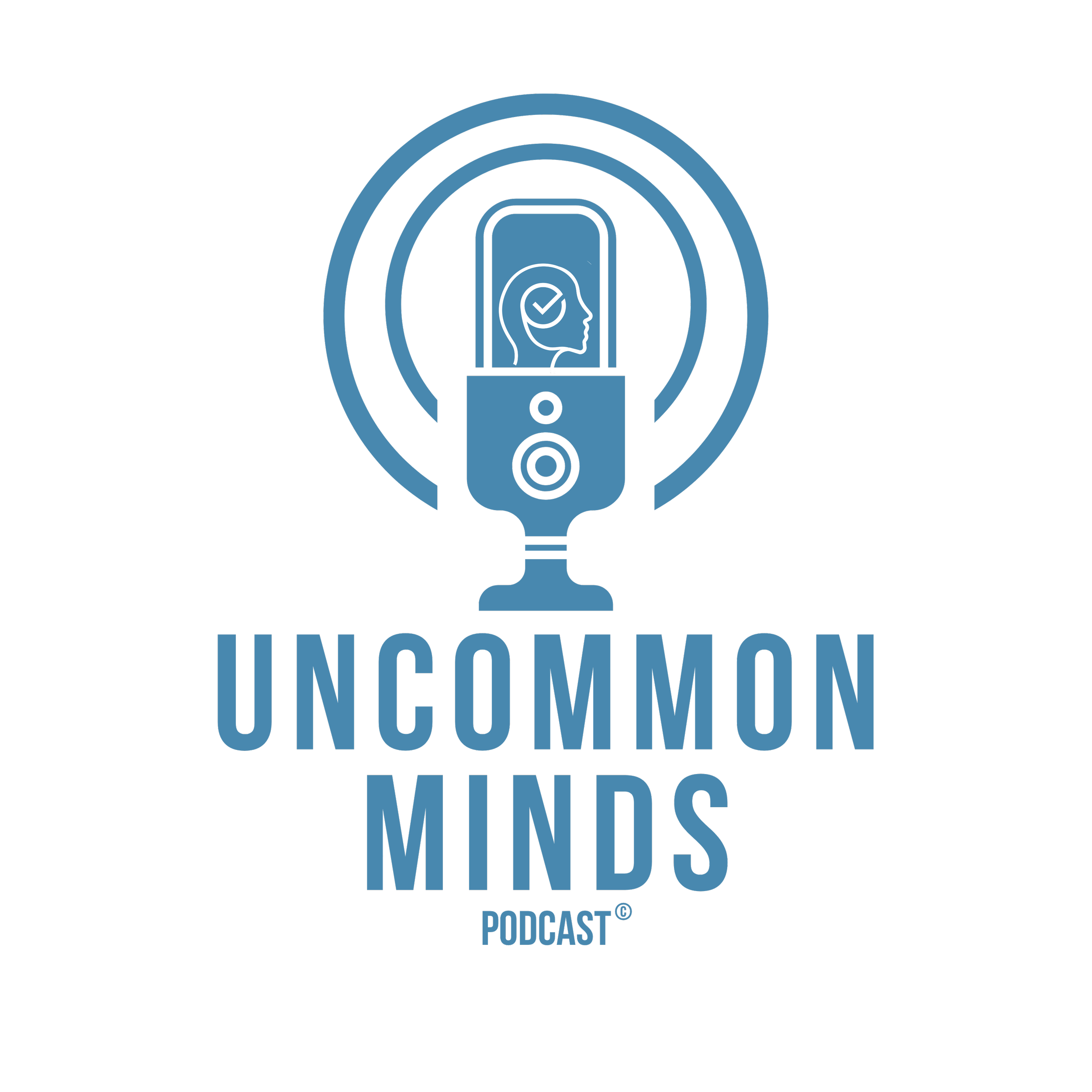 Logo for uncommon minds podcast. The logo contains. a microphone and a head with a checkmark.