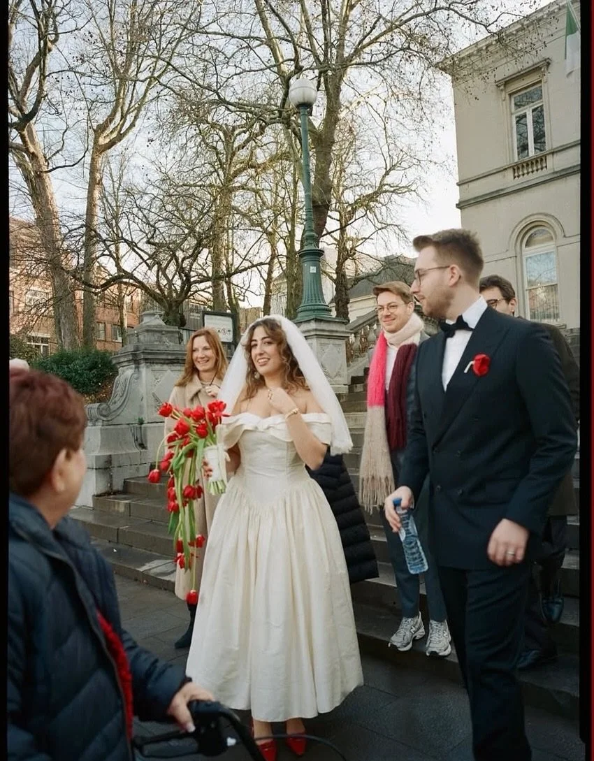 I&rsquo;ll say it: I think winter weddings might actually be my favorite. ❄️
Beautiful Rachel&rsquo;s look began with a raw-silk thrift-store find. We spent the next six months obsessing over the details&mdash;redesigning the silhouette and refining 