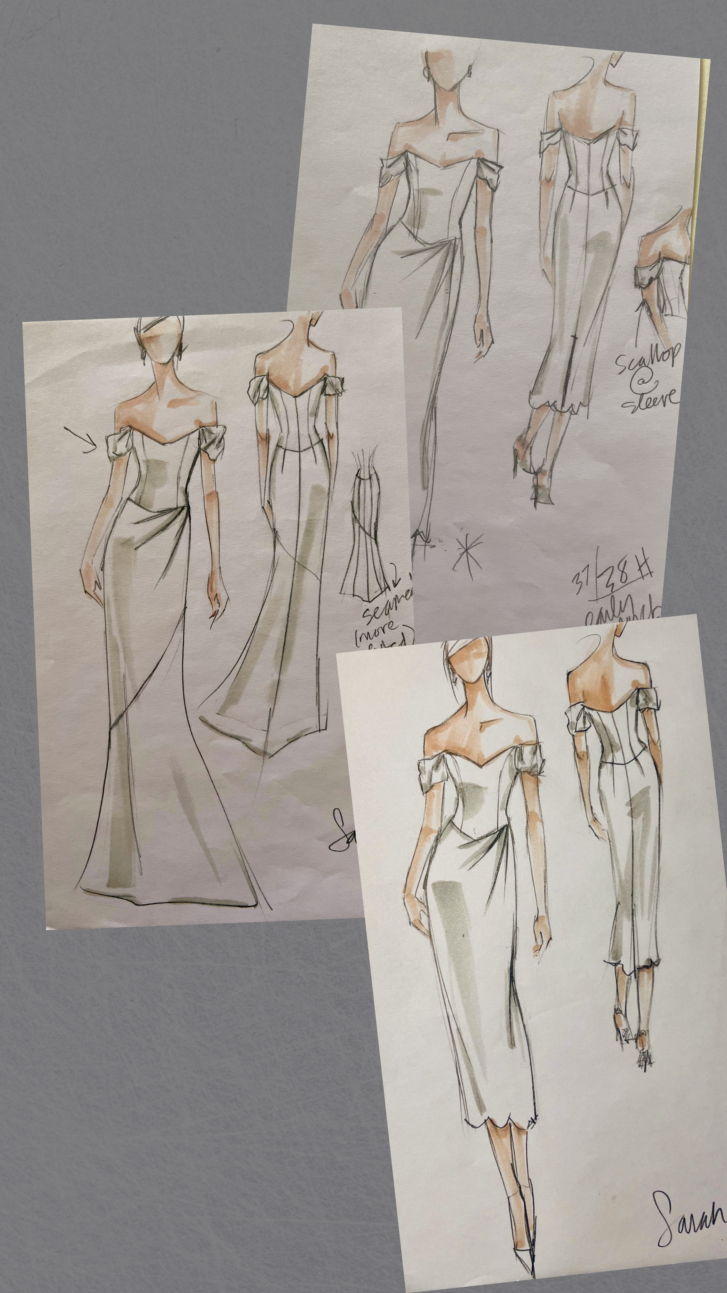 Sketches by Christine Carlson of Maybelle custom vintage-style wedding dresses.