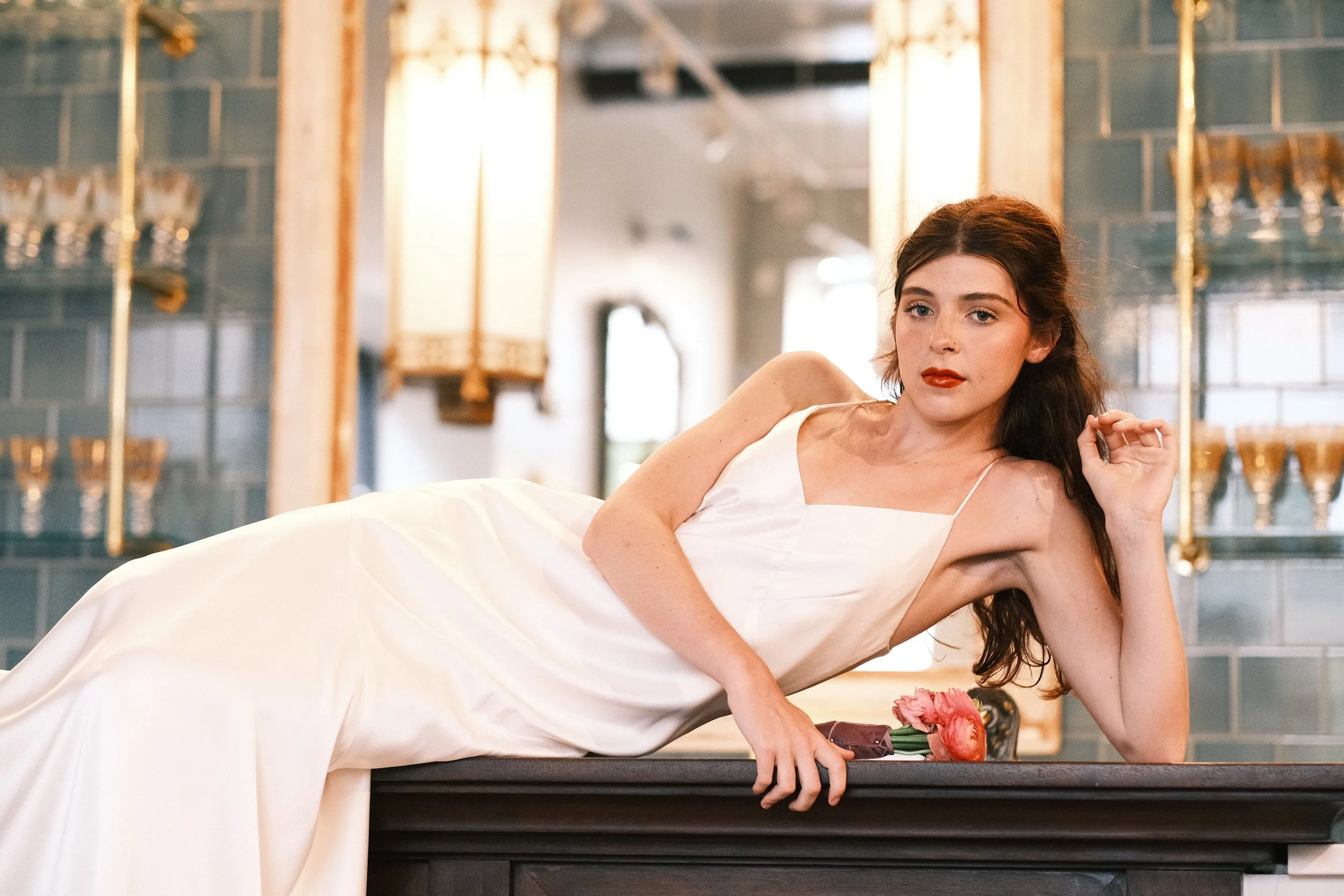 Vintage-style white wedding dress, designer by vintage wedding gown designer Christine Carlson of Maybelle.