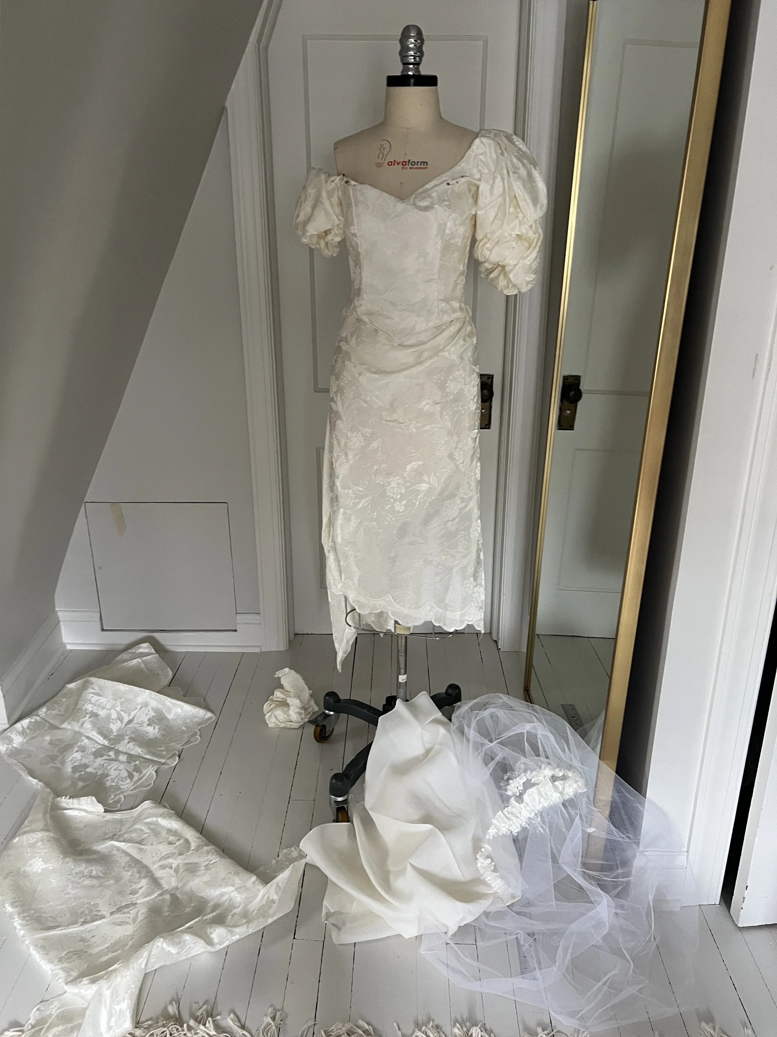 Vintage wedding dress redesign in process at Maybelle NYC.