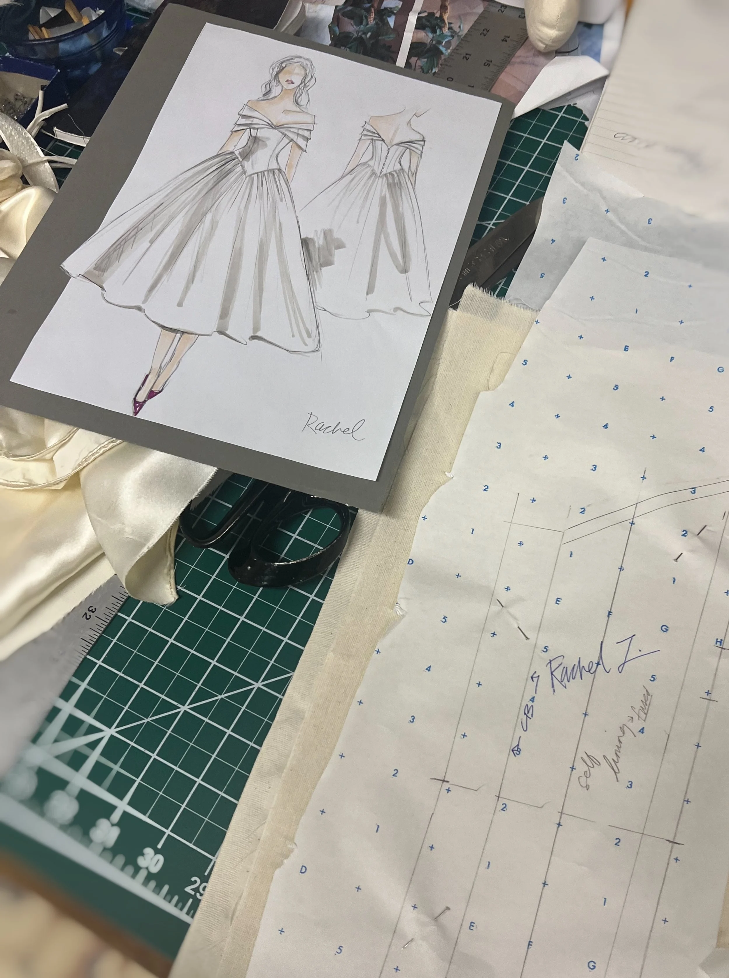 Sketch of a custom vintage redesigned wedding dress by Christine Carlson of Maybelle NYC.