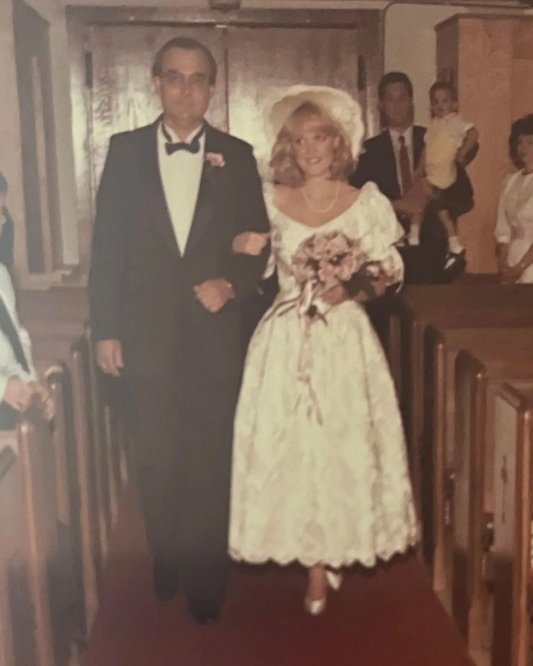 A before photo of restyled vintage 80s wedding dress.