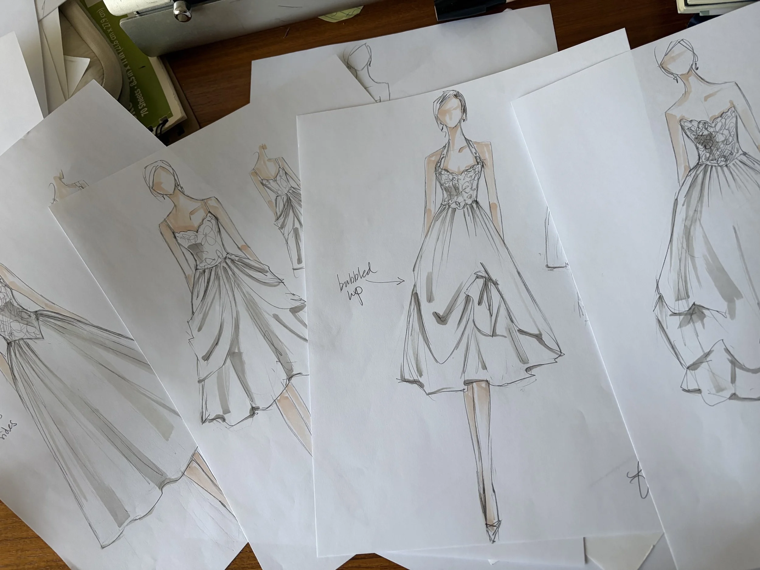 Sketches of custom wedding dress by Christine Carlson of Maybelle.