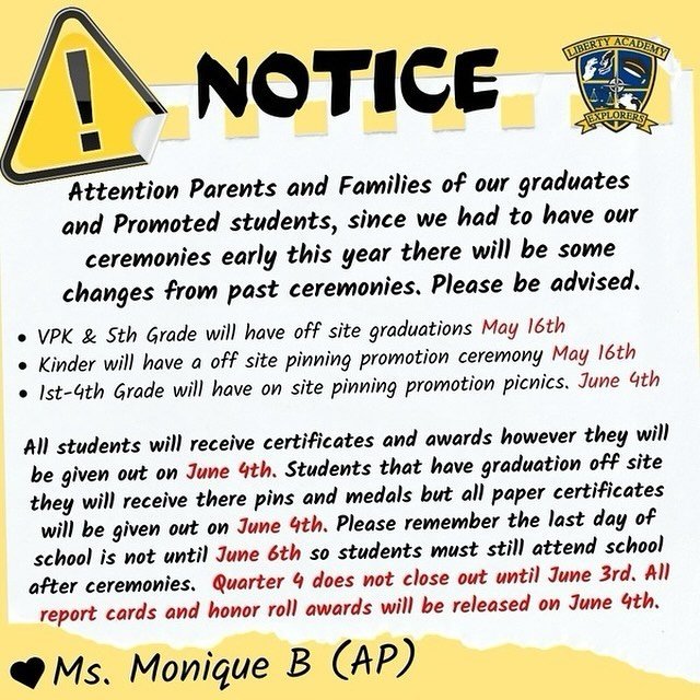 Please read the flyer above for important information regarding graduation and pinning ceremonies. 📃📃