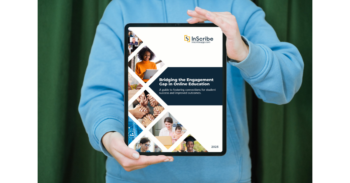 A person in a blue hoodie holds up a tablet displaying the cover of InScribe's 2025 guide, 'Bridging the Engagement Gap in Online Education: A guide to fostering connections for student success and improved outcomes.