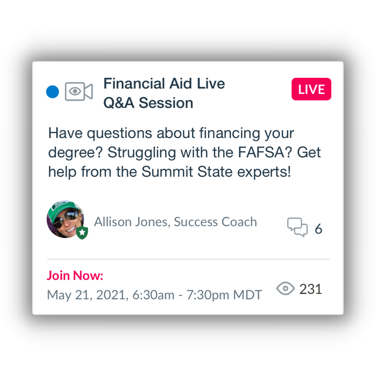 InScribe digital community showing a prospective student engagement space where incoming students connect with enrollment counselors, current students, and select alumni to ask questions and build belonging before arriving on campus.