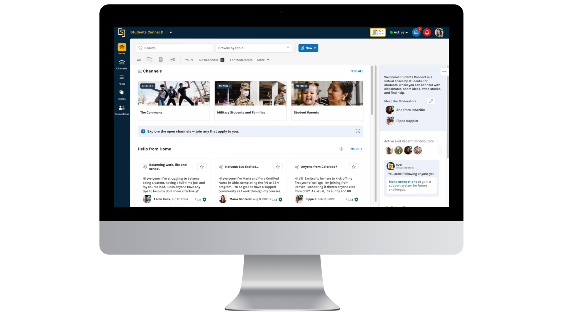 InScribe digital community platform displayed on a desktop monitor, showing peer-to-peer student interactions, community feeds, and institution-guided support tools designed for higher education.