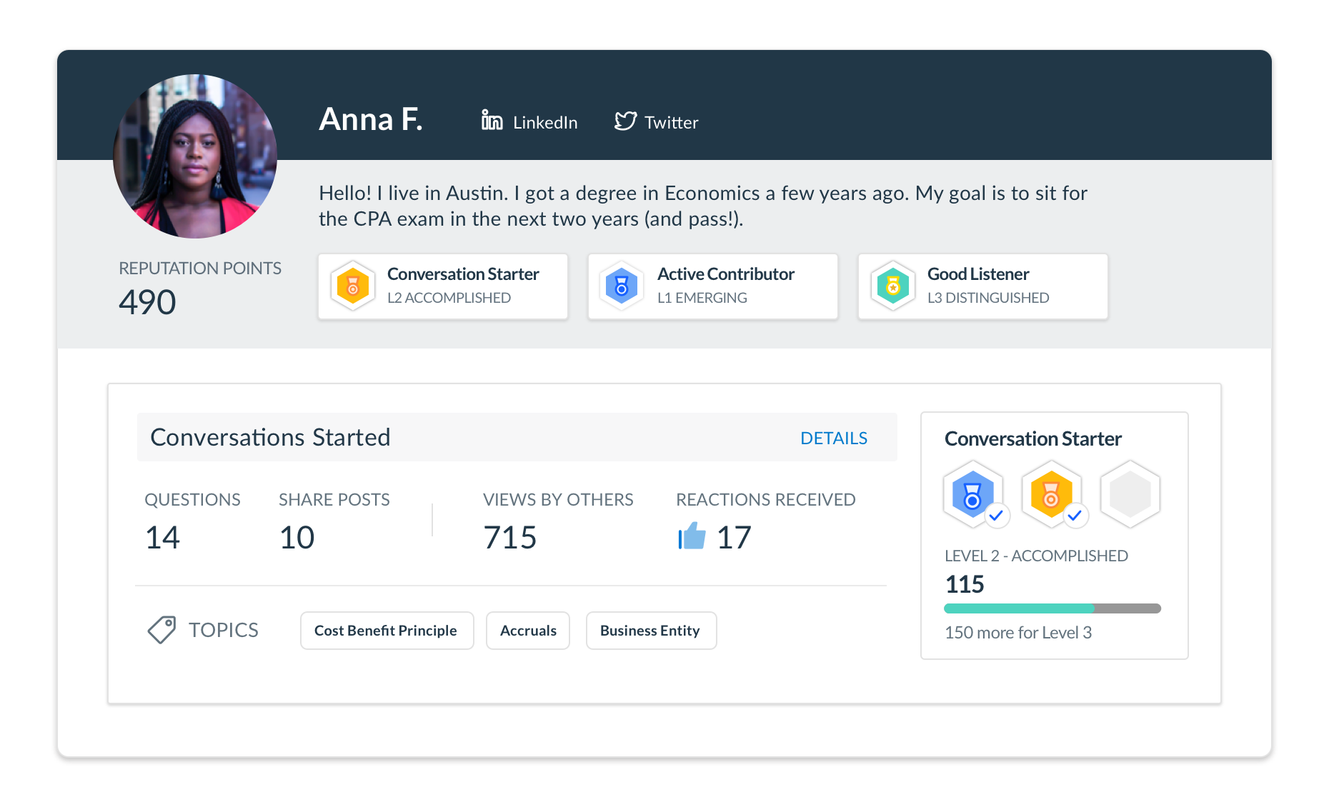 InScribe student profile for Anna F. showing reputation score, badges, and community engagement metrics, demonstrating how InScribe rewards peer contributions and encourages ongoing student participation.