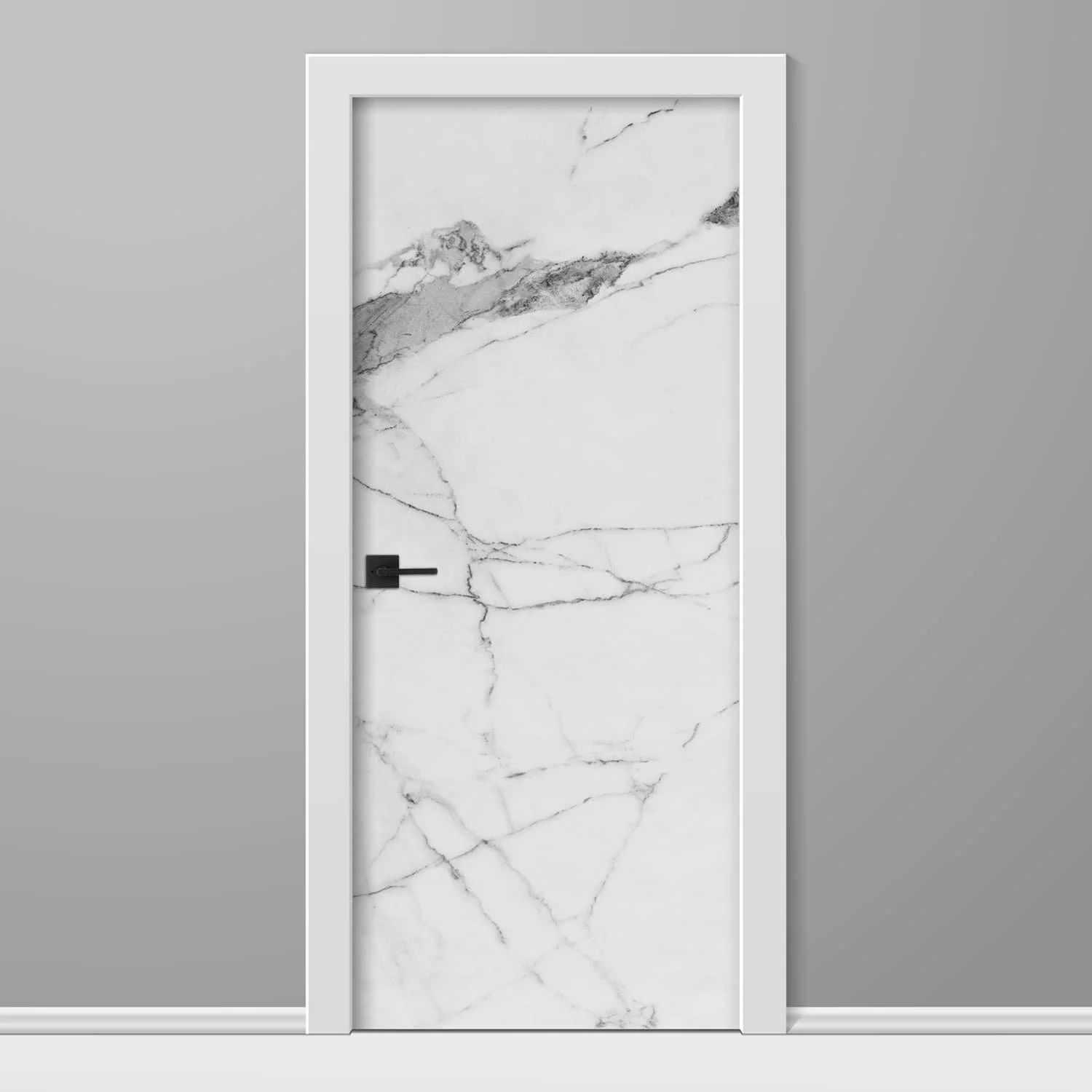 Mockup of a custom printed vinyl door wrap. The graphic is a high resolution white carrara marble texture.