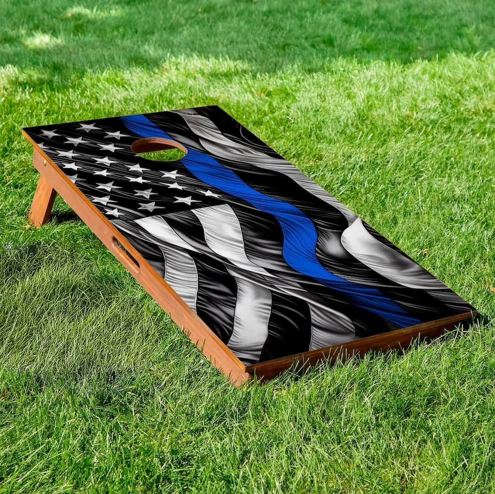 blue line USA flag cornhole board