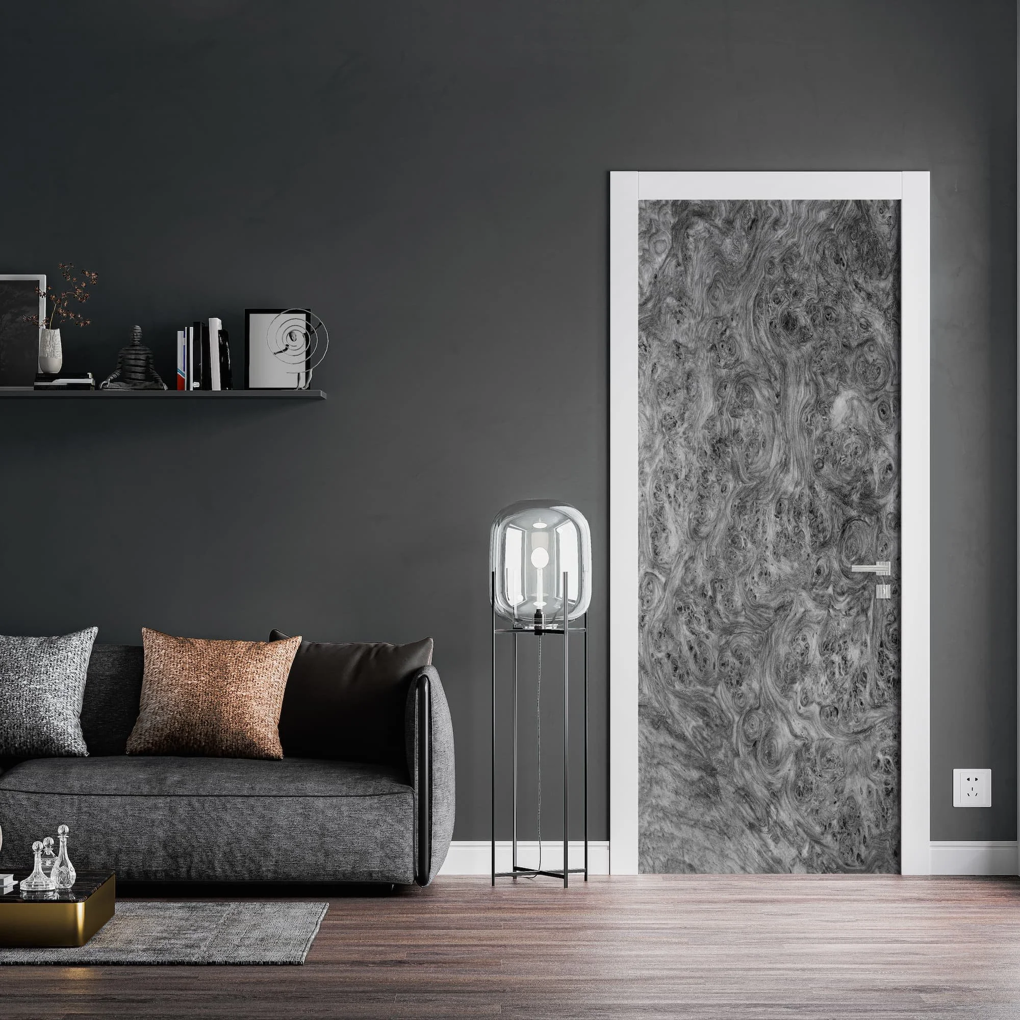 Mockup of a custom printed vinyl door wrap on a door in a contemporary living room. The graphic is a high resolution amboyna burl wood texture in a single slab configuration.