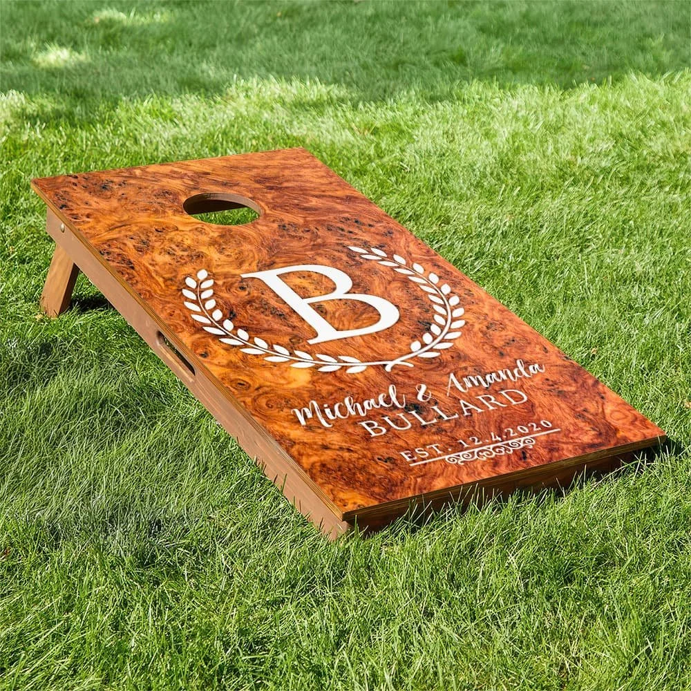 Burl Wood Wedding Anniversary personalized custom Cornhole board wrap sticker decal set