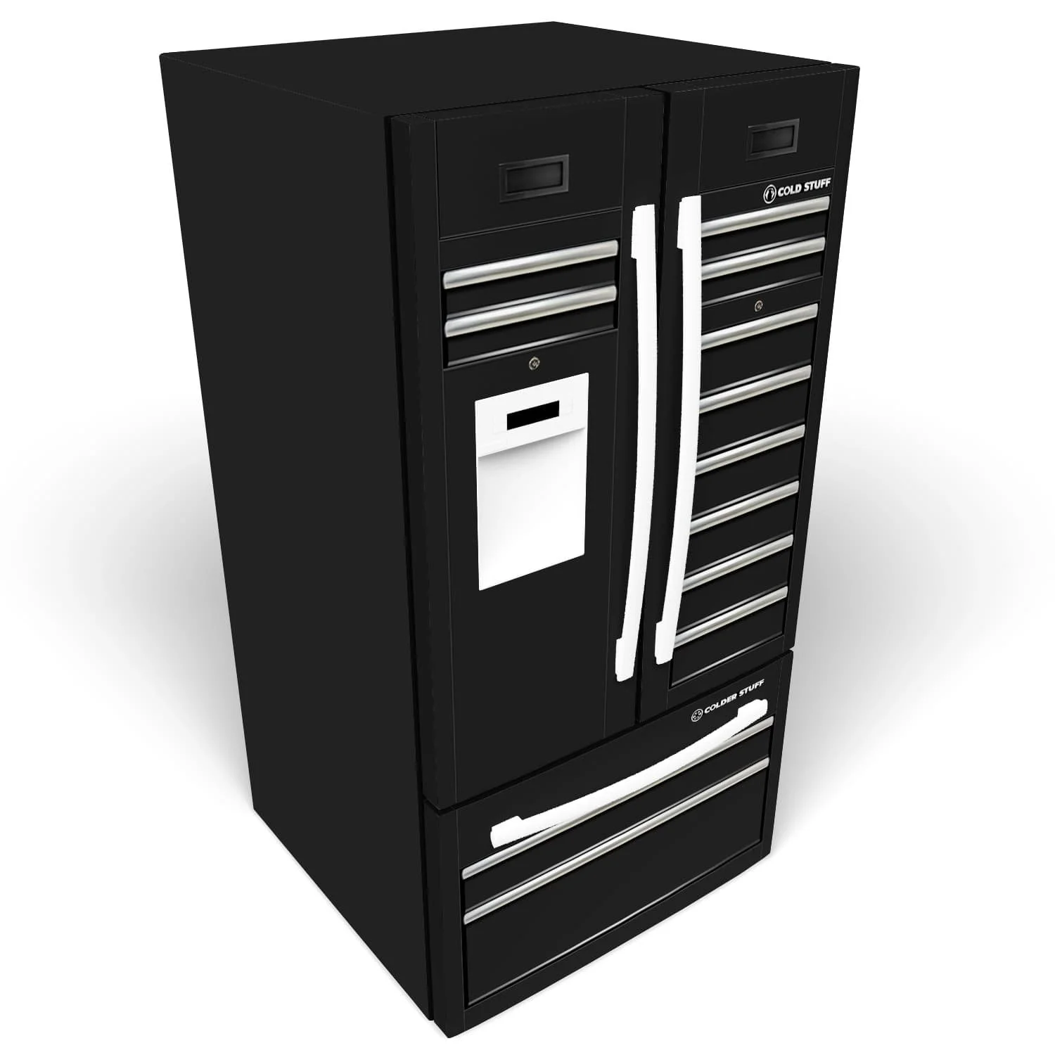black tool chest custom-printed vinyl wrap on a french door refrigerator