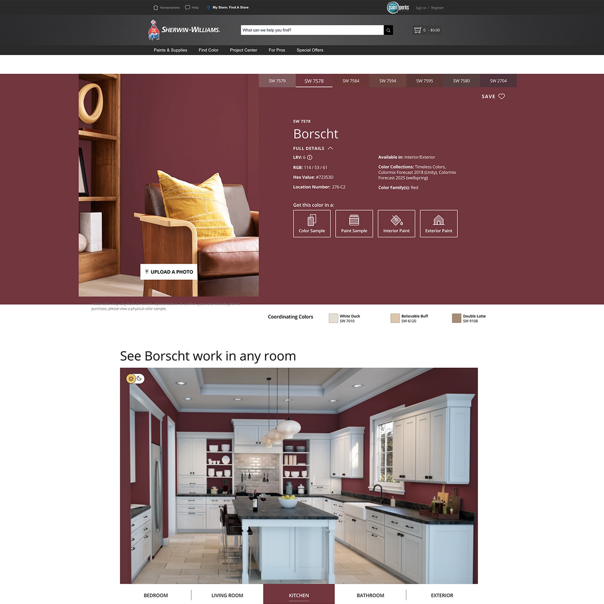 screenshot of this paint color on the Sherwin Williams website. Color shown is Borscht SW 7578