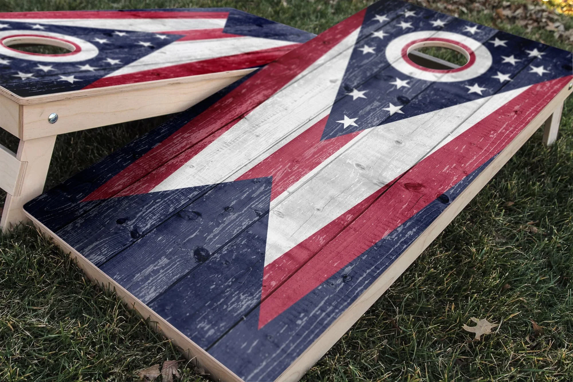rustic wood Ohio state flag cornhole board vinyl wrap decal skin set