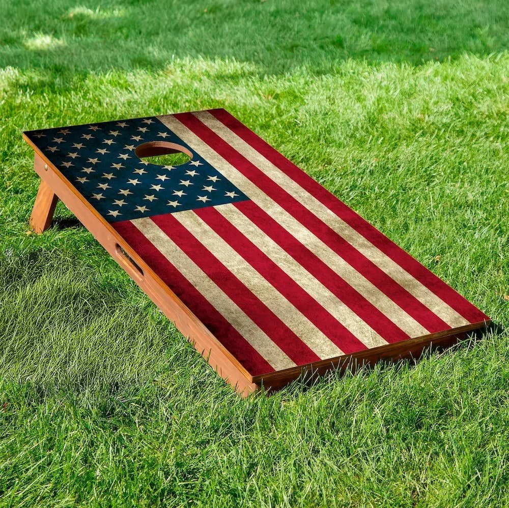 worn rustic United States flag cornhole board
