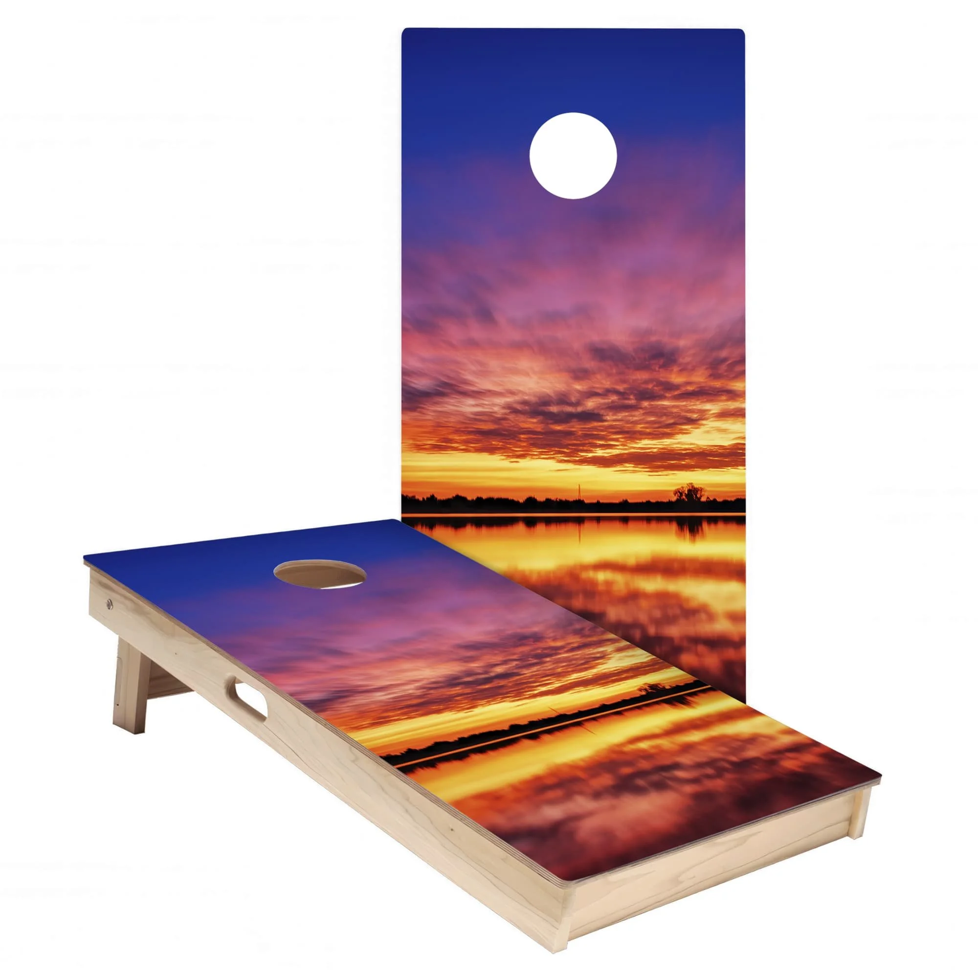 blue orange lake sunset photograph cornhole board wrap sticker decal set