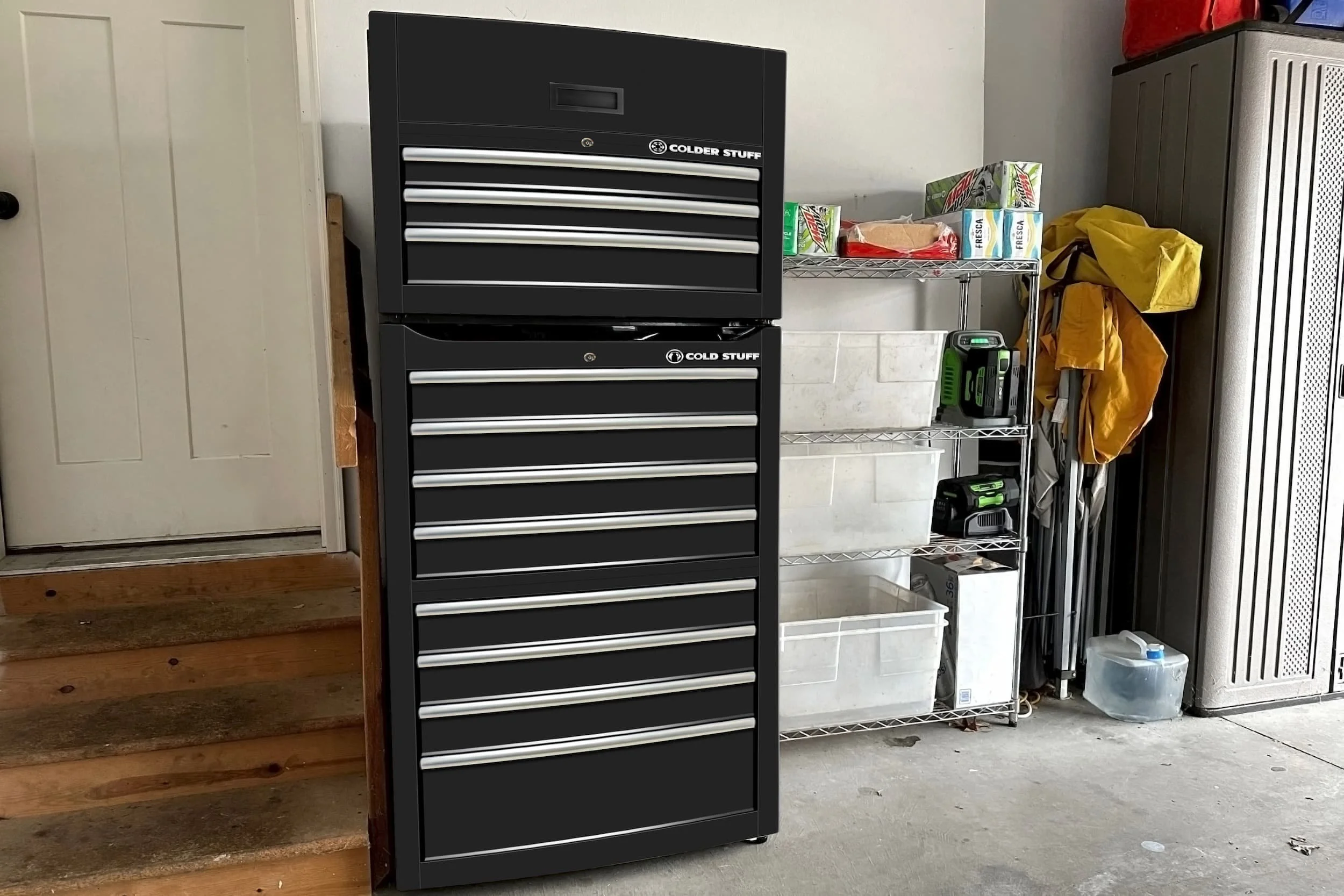our black toolbox custom-printed graphic vinyl wrap on a stack-door refrigerator in a typical garage